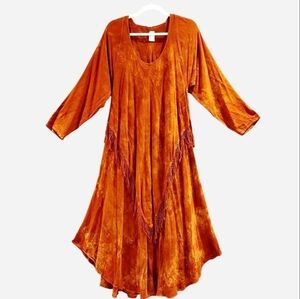 Brown Orange Tie Dye Cotton Tunic Dress with Fringe Detail Size Large Festival